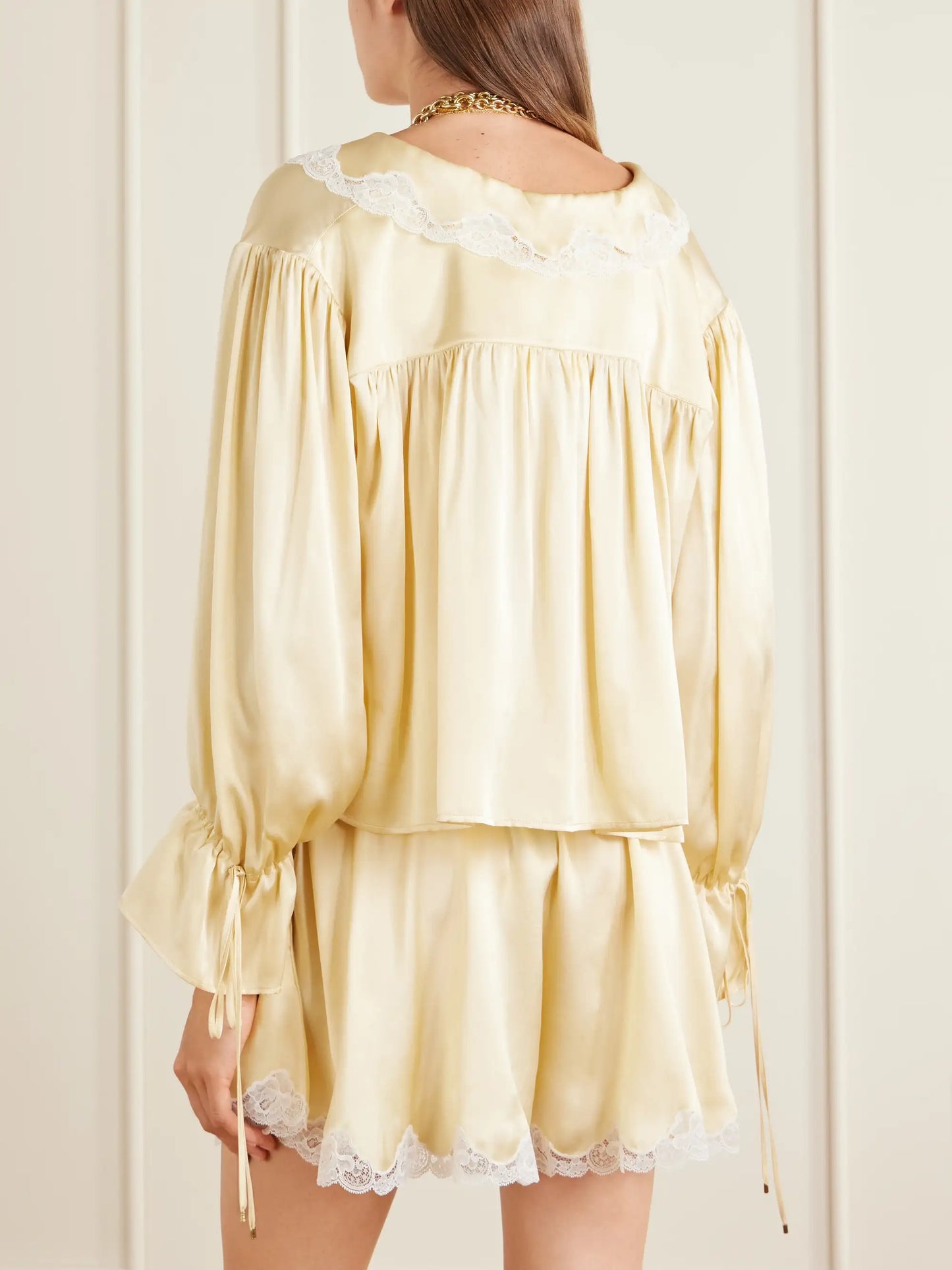 Gathered Lace-trimmed Silk-satin Blouse