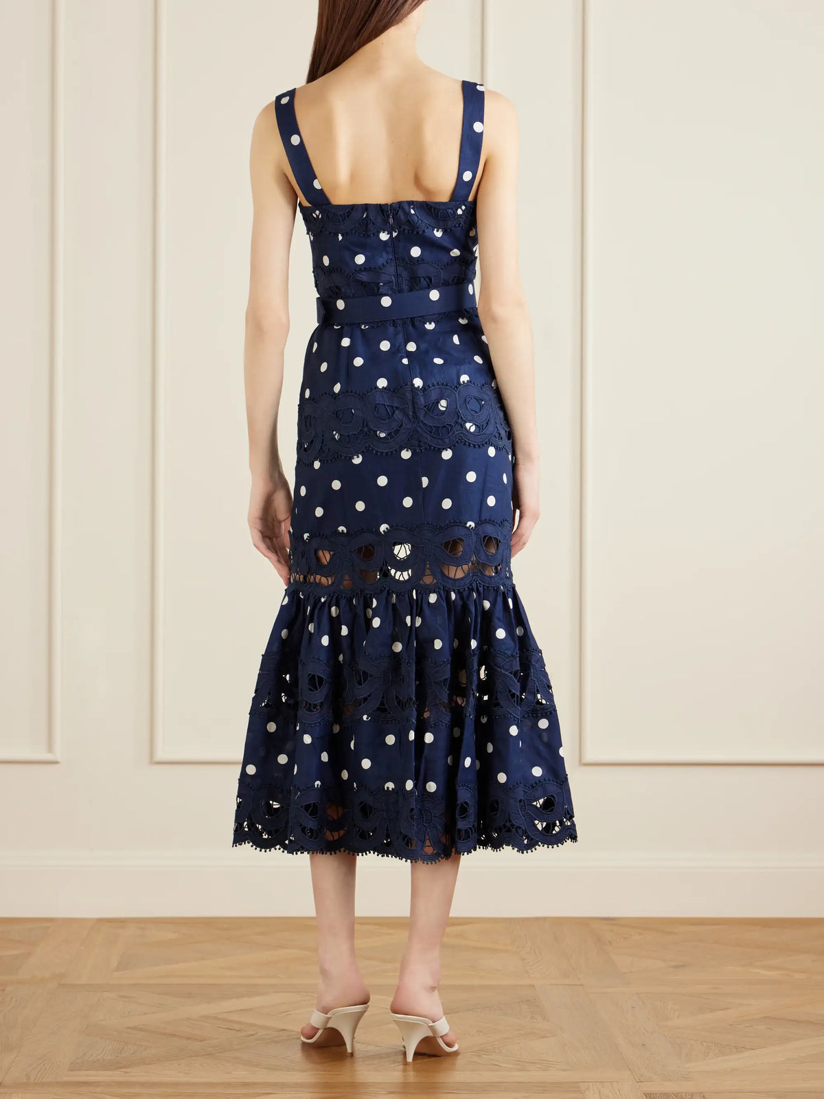 Self-Portrait Belted Polka-dot Linen And Cotton-blend Midi Dress