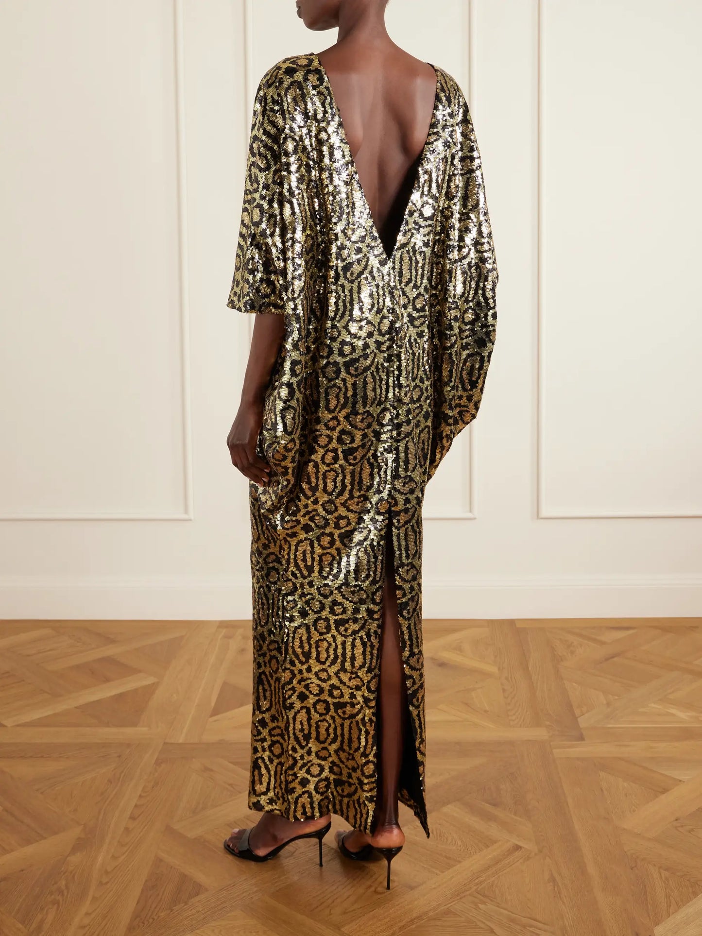 Truman Animalier Kaftan In Black-gold Animal-print Sequined Mesh Gown