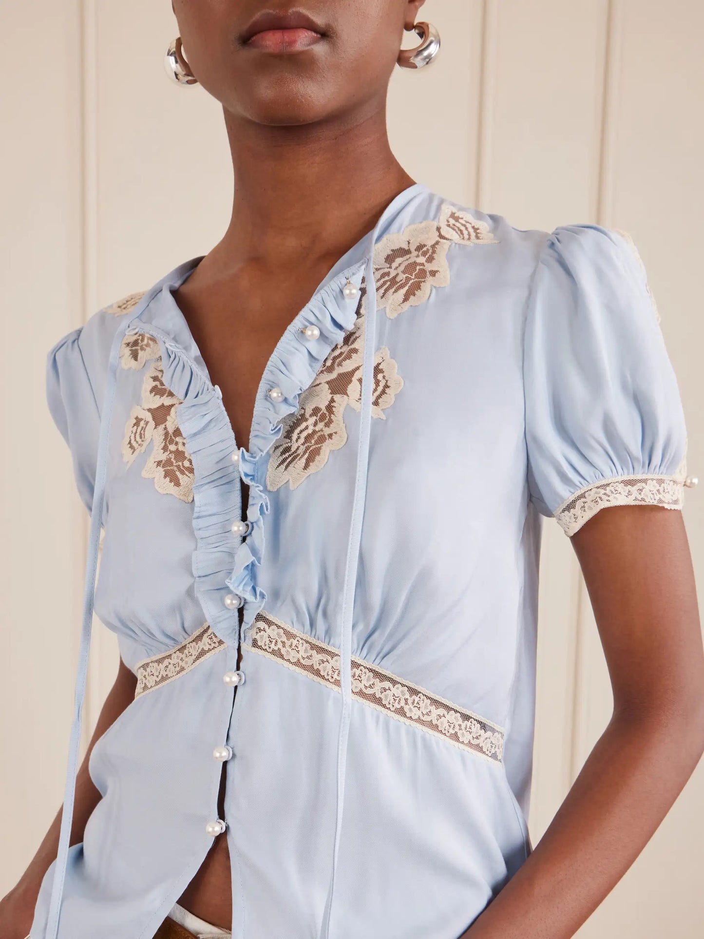 Ruffled Lace-trimmed Satin Blouse