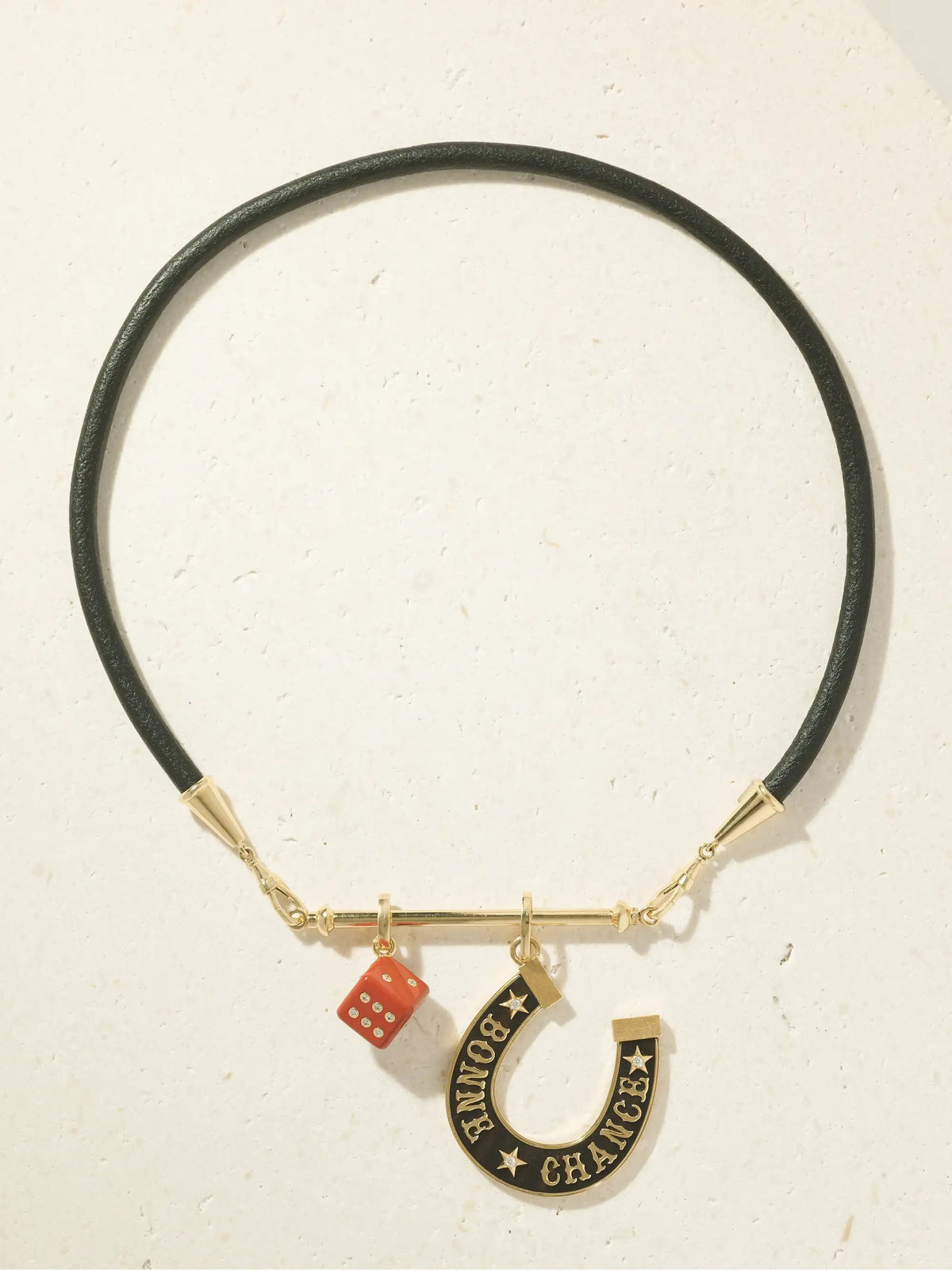 Lasso, Jasper Dado And Bonne Chance Jumbo 18-karat Gold, Ebony And Diamond Leather Necklace