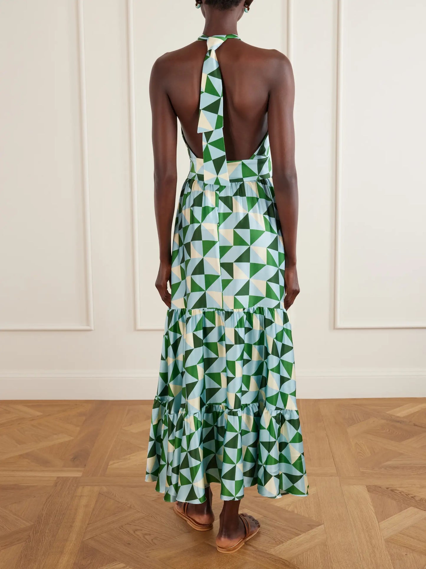 Anna Printed Silk-blend Satin Halterneck Maxi Dress