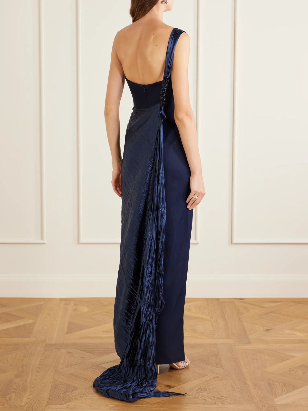 Strapless Pleated Satin-trimmed Crepe Gown