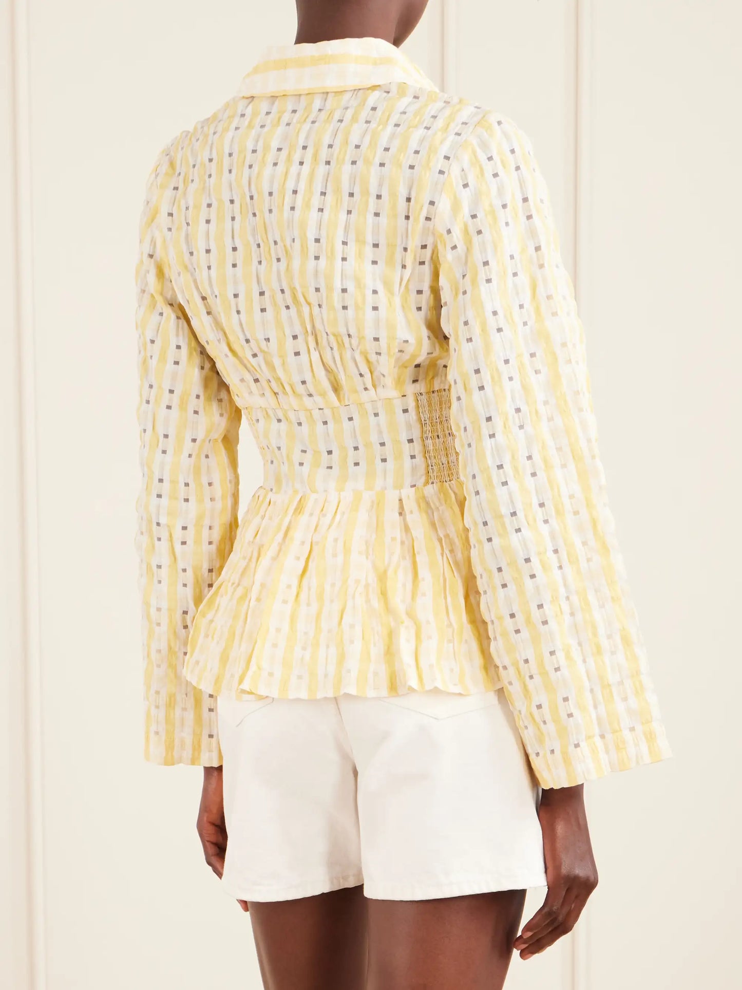 Boogie Woogie Bugle Boy Shirred Checked Seersucker Blouse