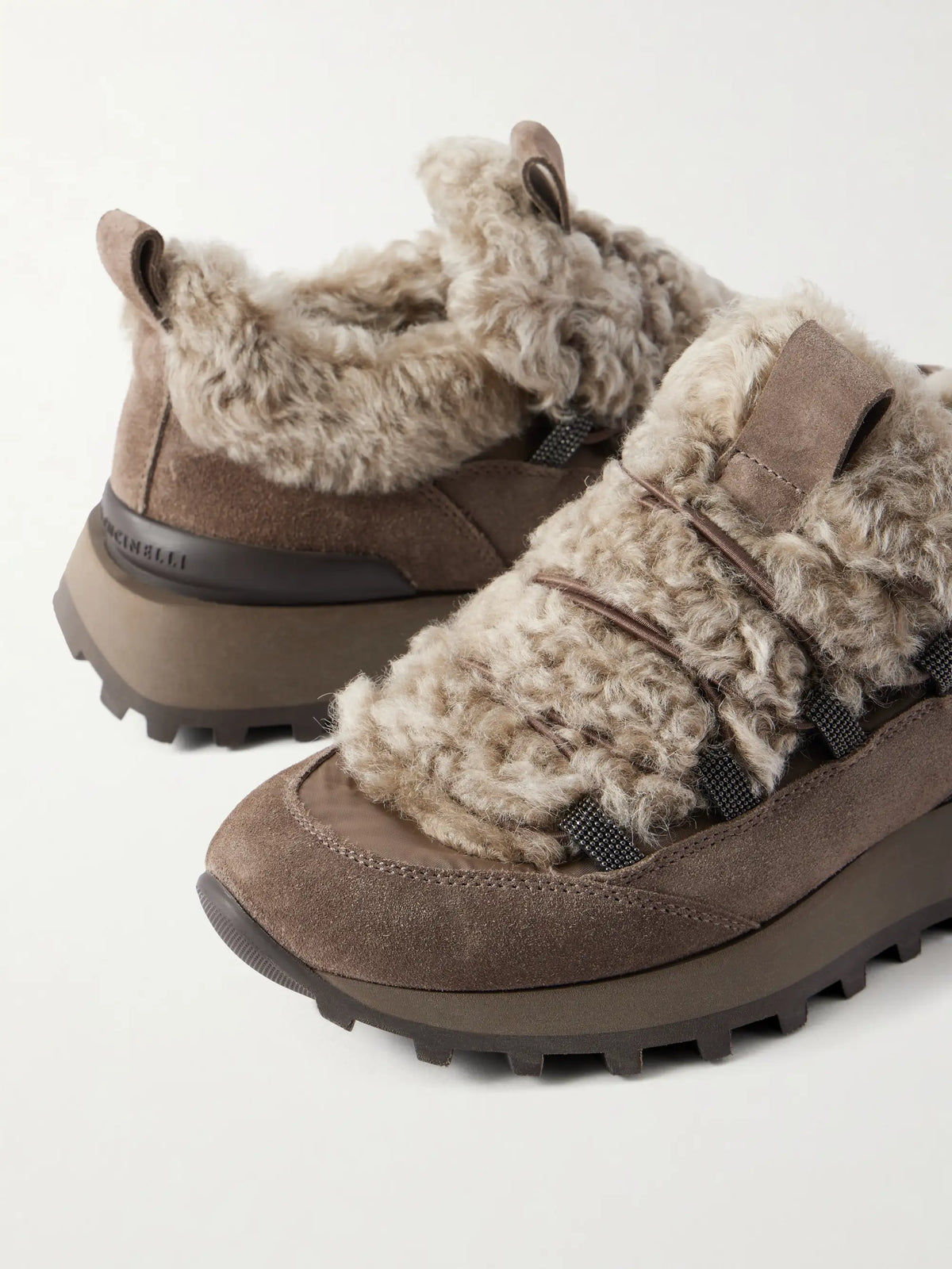 Bead-embellished Shearling-trimmed Suede Sneakers