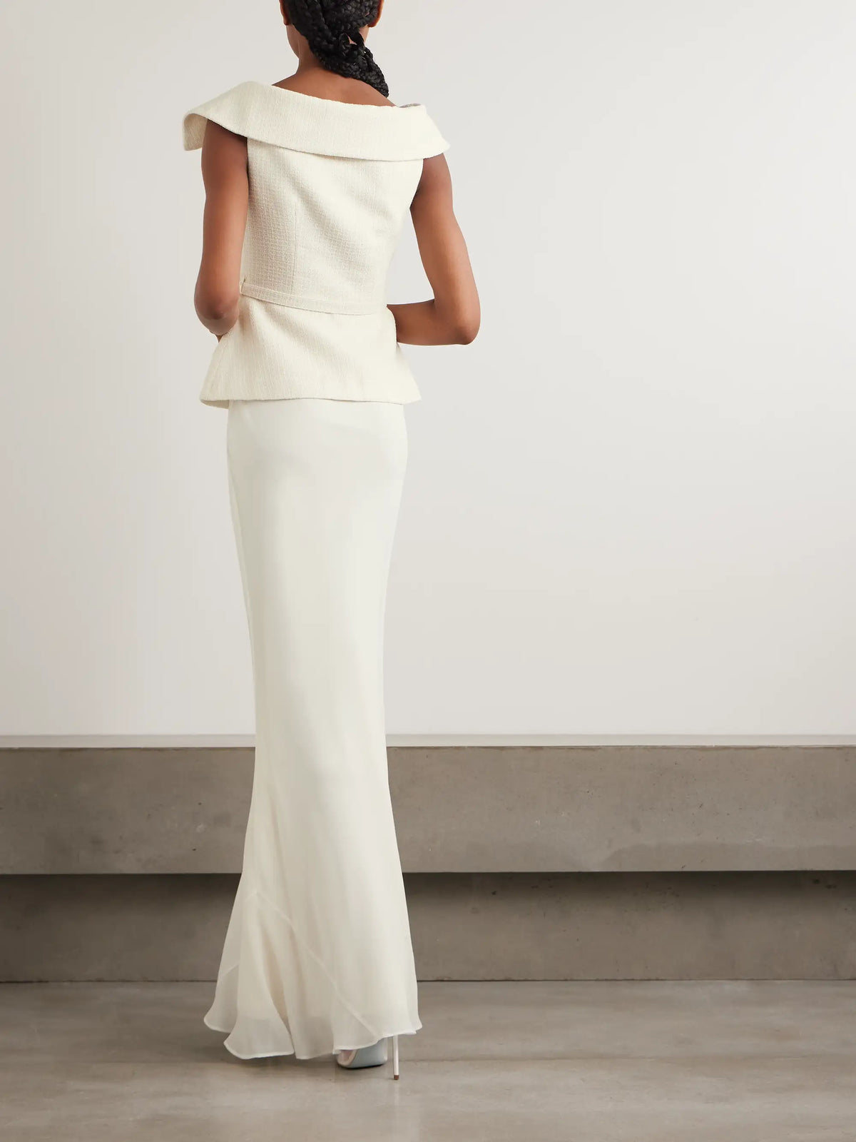 Self-Portrait Off-the-shoulder Belted Metallic Bouclé And Crepe Maxi Dress