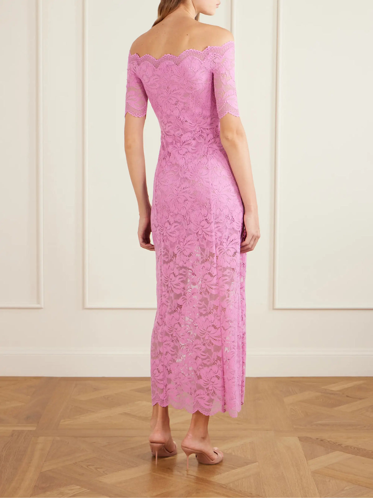 Off-the-shoulder Scalloped Lace Midi Dress
