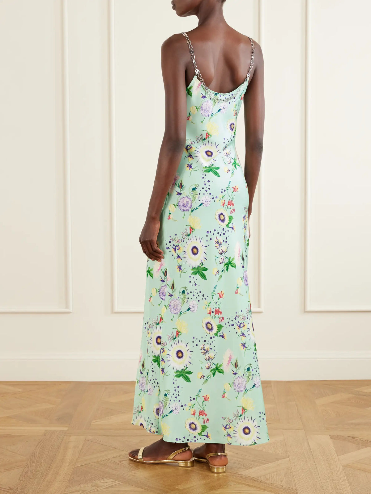 Chain-embellished Floral-print Satin Midi Dress