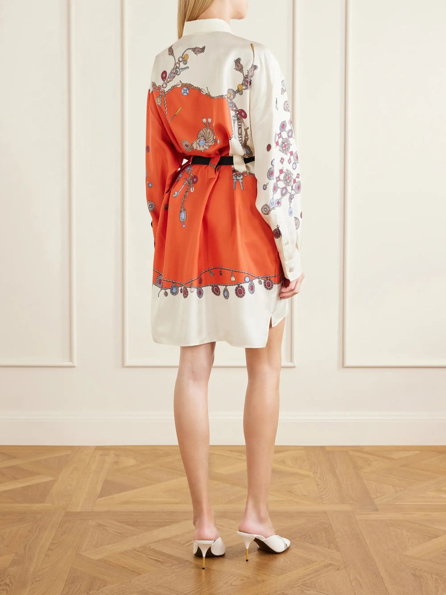 Stolen Jewels Medusa-embellished Belted Printed Silk-twill Mini Dress