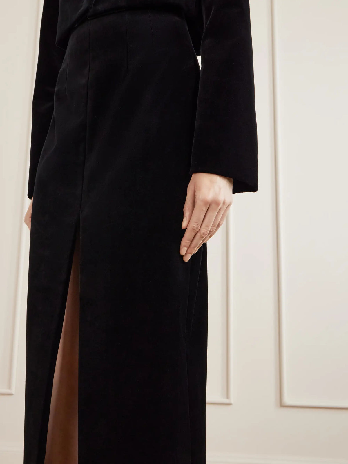 KHAITE Lachlan Velvet Cotton-blend Midi Skirt