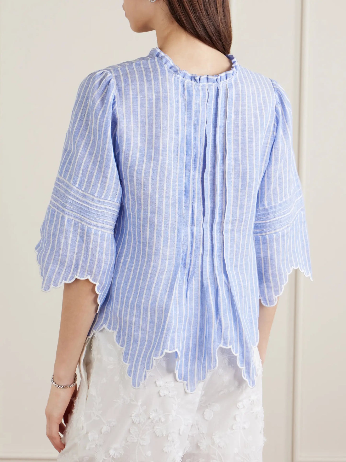 Matilde Scalloped Shirred Striped Linen Shirt