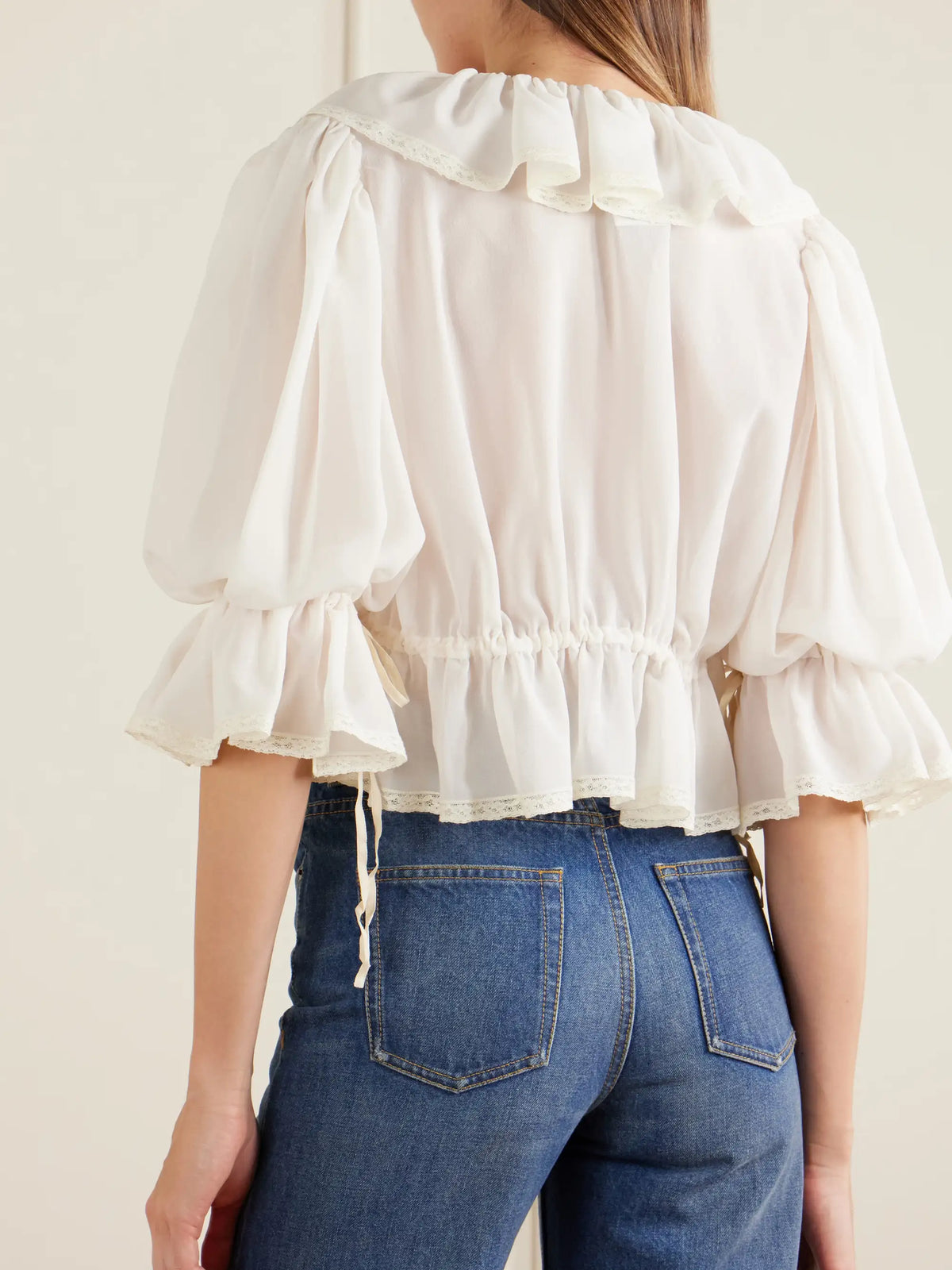 Lace-trimmed Ruffled Silk-georgette Blouse