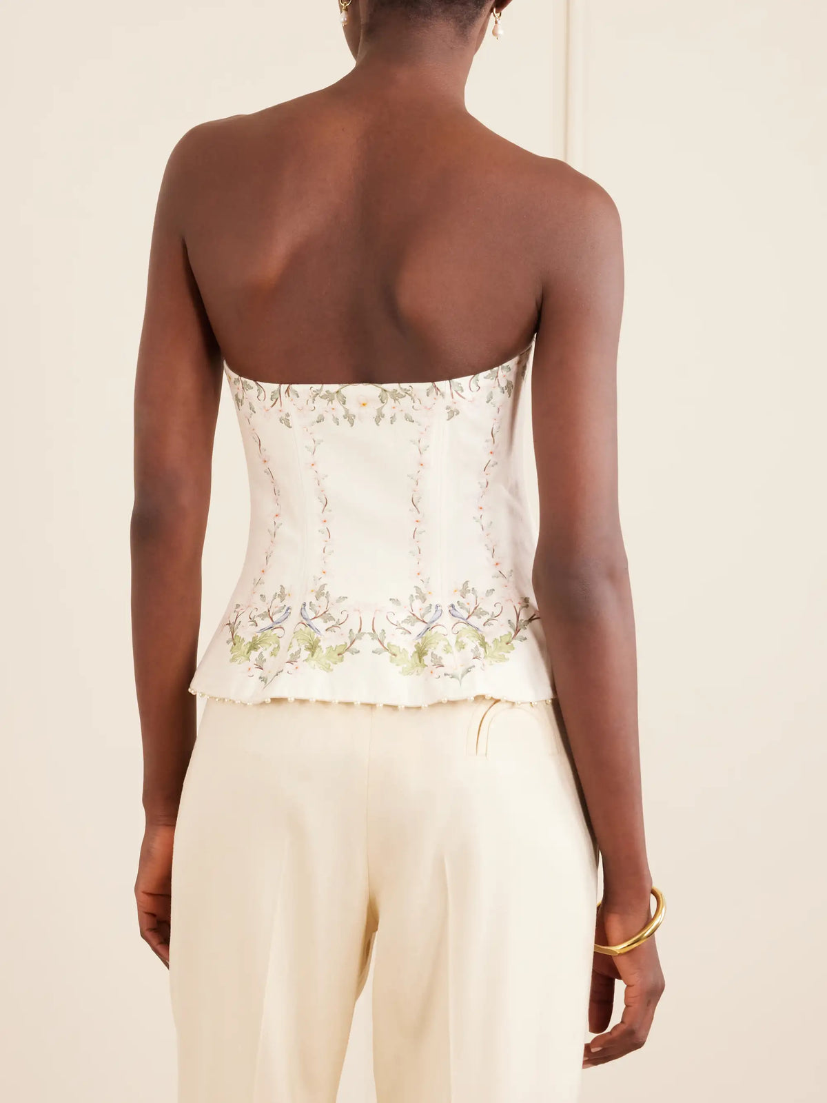 Agua by Agua Bendita Tota Anhelo Embellished Floral-printed Linen Corset Top