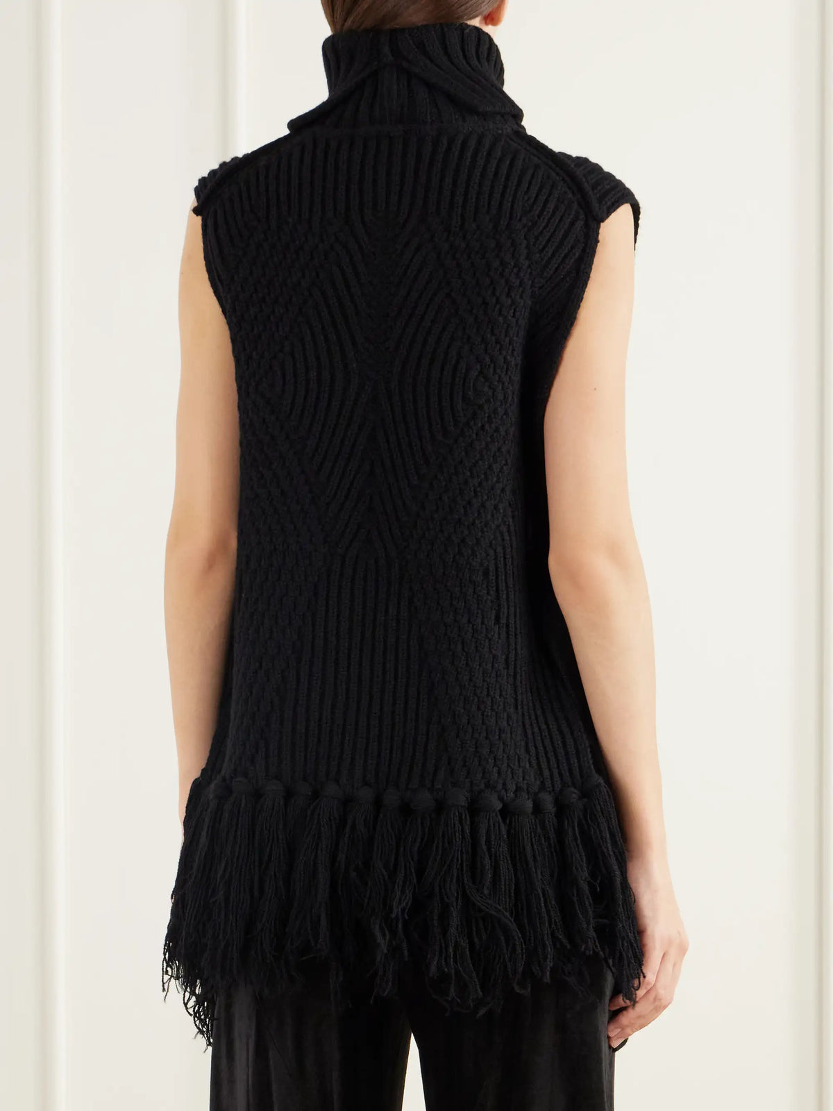 Junya Watanabe Belted Fringe-trimmed Ribbed Wool Turtleneck Vest