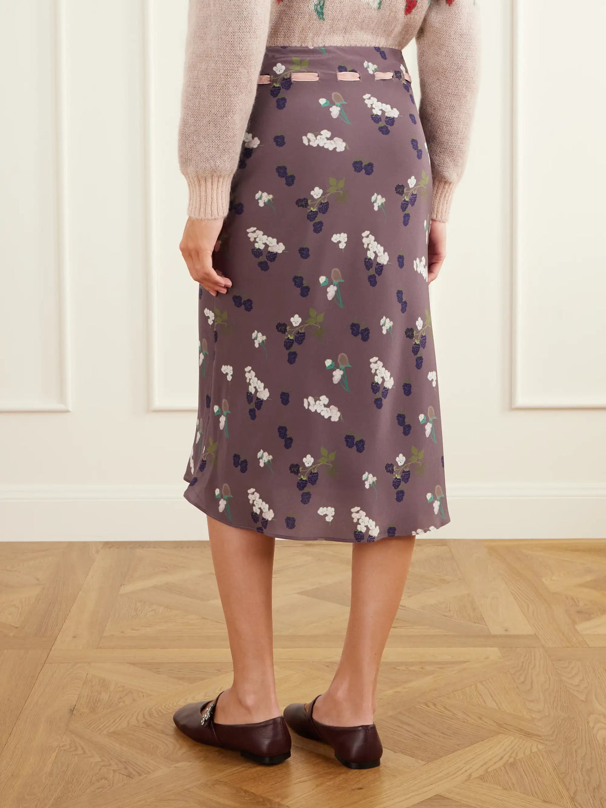 BERNADETTE Camille Floral-print Velvet-trimmed Silk-habotai Drawstring Midi Skirt