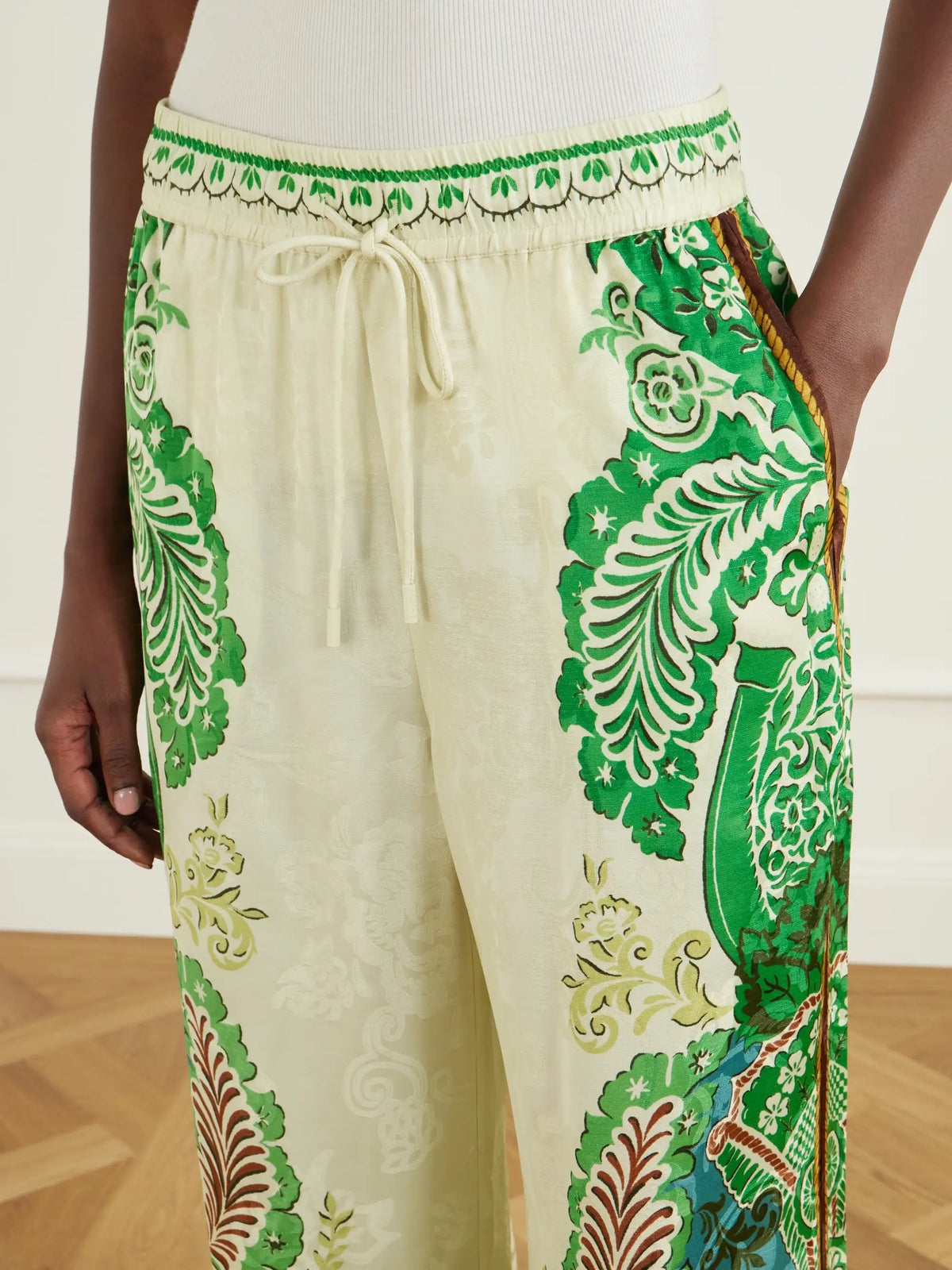 ALÉMAIS Florence Drawstring Floral-print Satin-jacquard Wide-leg Pants