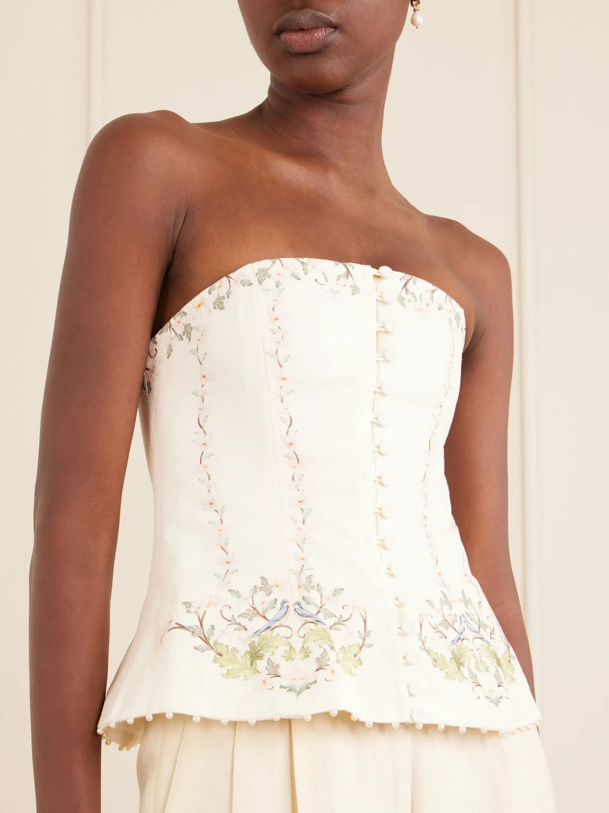 Agua by Agua Bendita Tota Anhelo Embellished Floral-printed Linen Corset Top