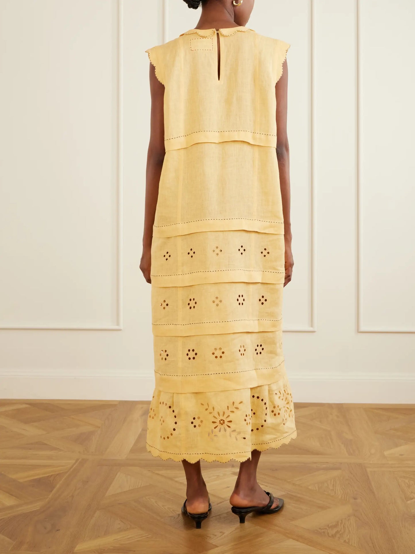 Kiki Tie-detailed Broderie Anglaise-trimmed Linen Midi Dress