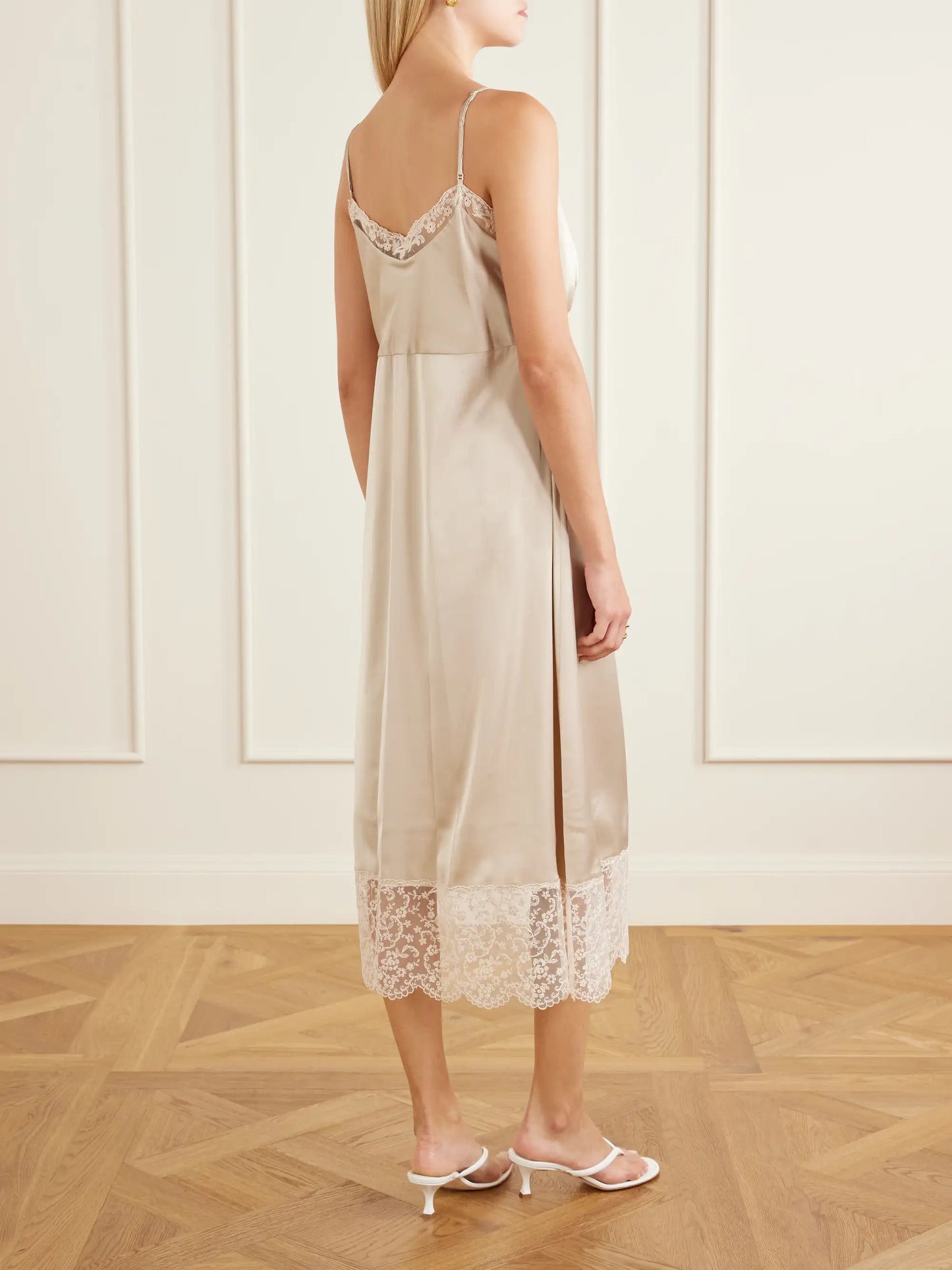 Lace-trimed Satin Midi Dress