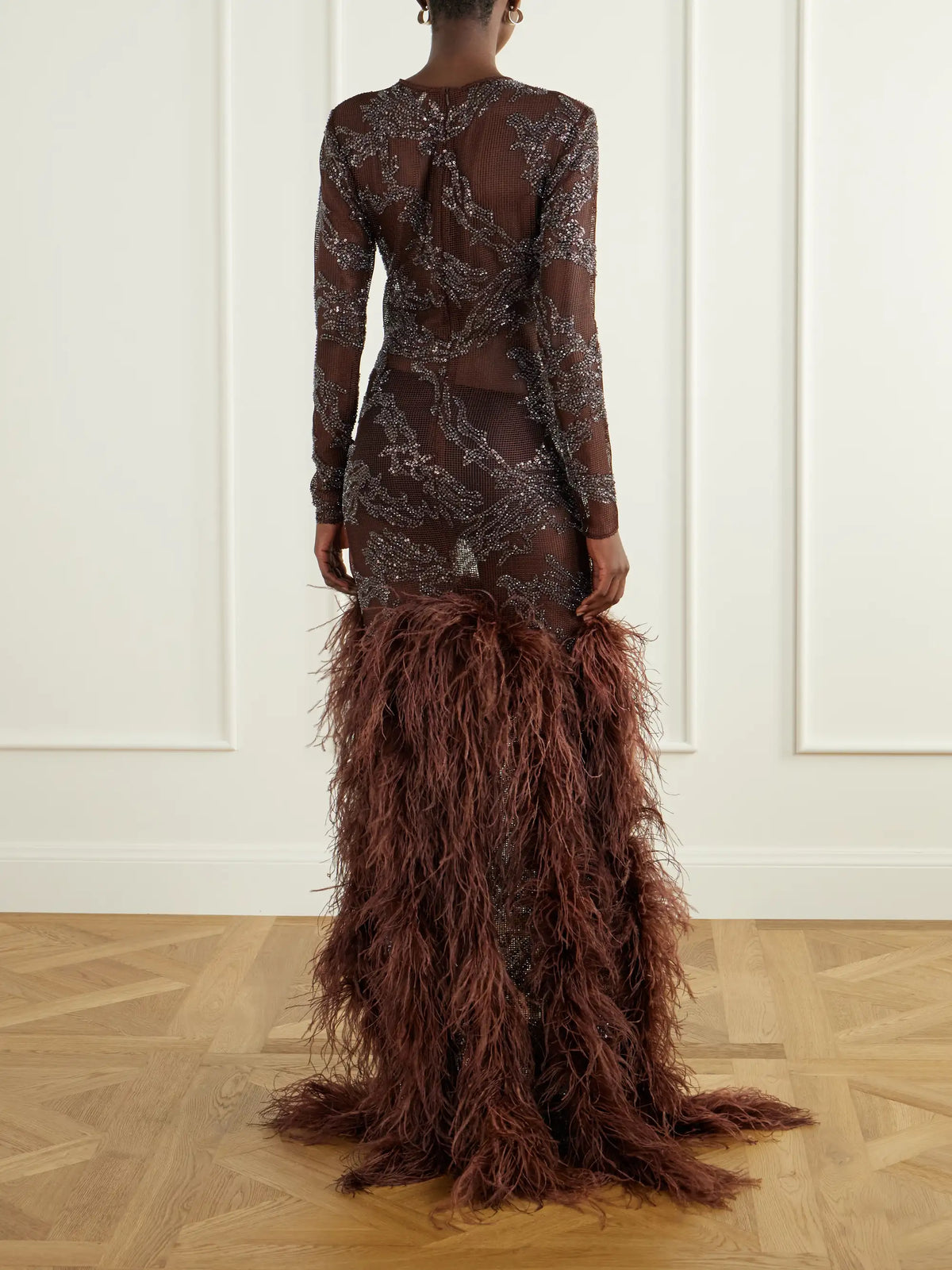 Ilkyaz Ozel Byblos Feather-trimmed Sequin-embellished Mesh Gown