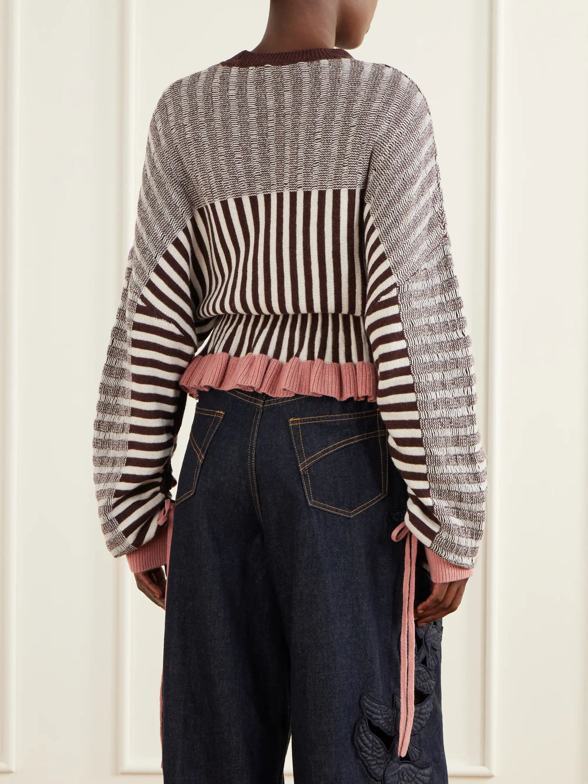 Zimmermann Clash Bow-detailed Ruffled Striped Merino Wool And Cotton-blend Sweater