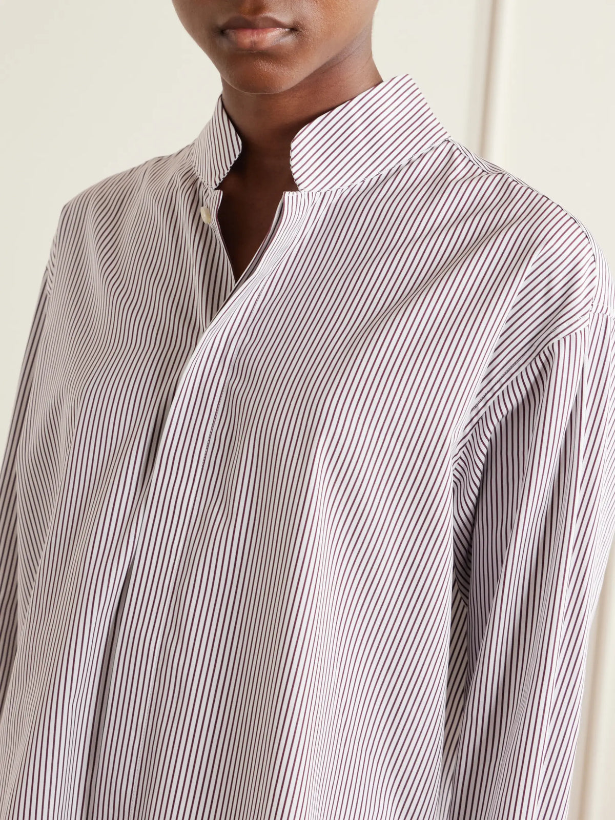 Mandarin-collar Striped Cotton-poplin Tunic
