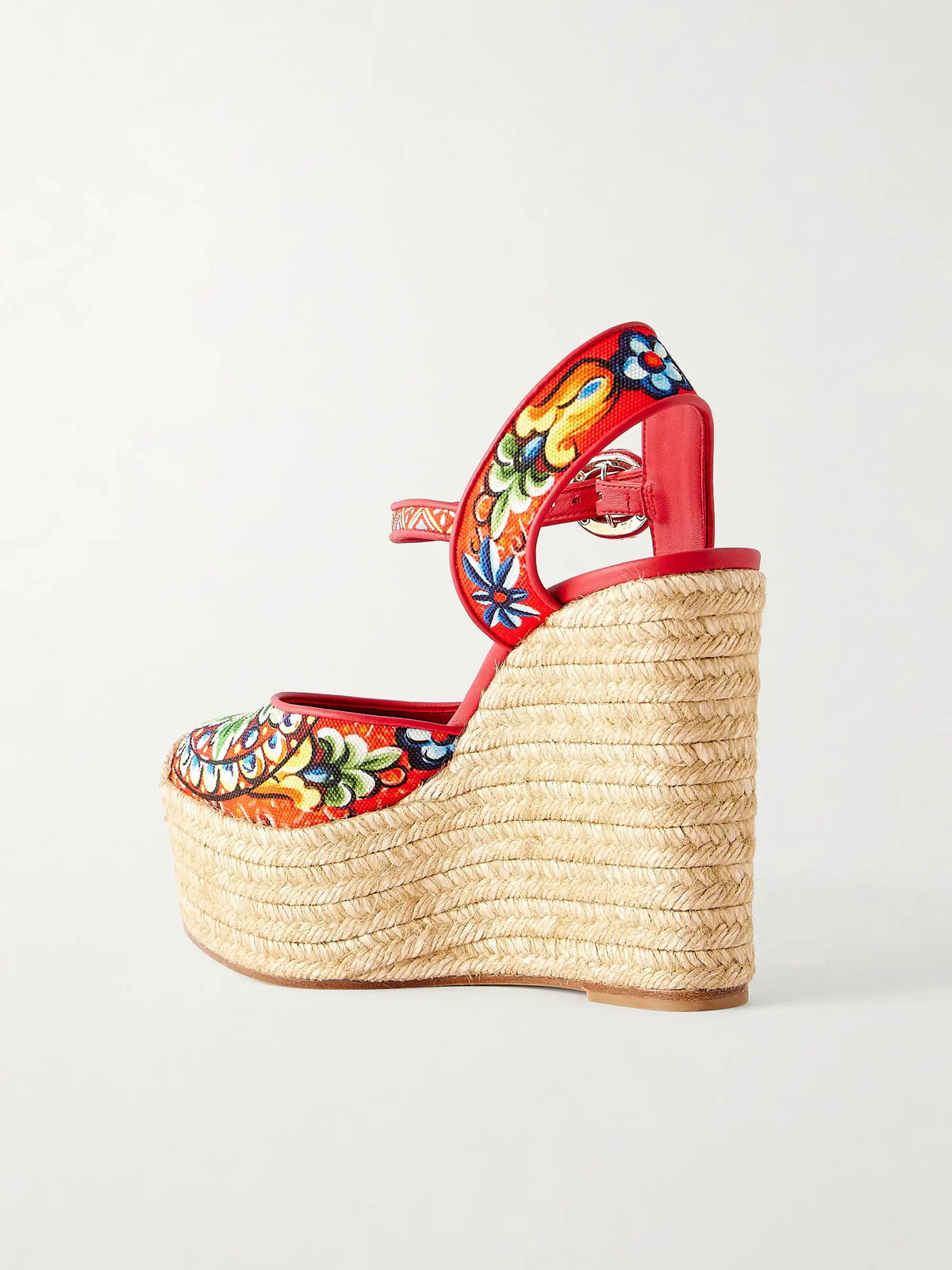 Printed Leather-trimmed Canvas Wedge Sandals