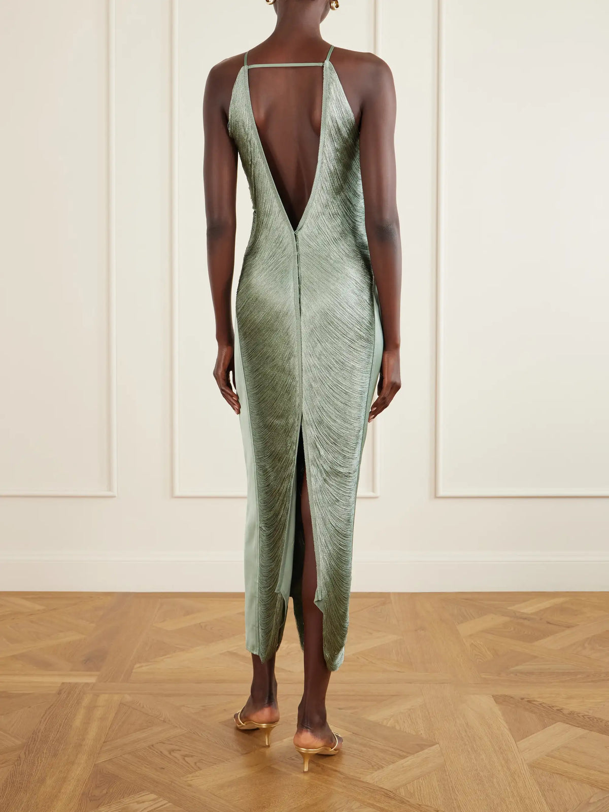 Cult Gaia Renata Fringed Satin-trimmed Mesh Gown