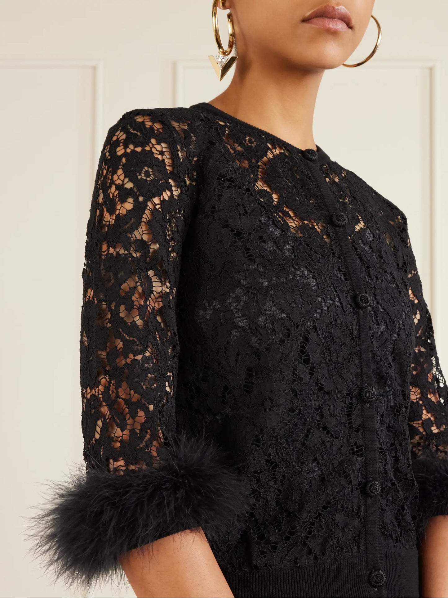 Feather-trimmed Cotton Corded Lace Cardigan