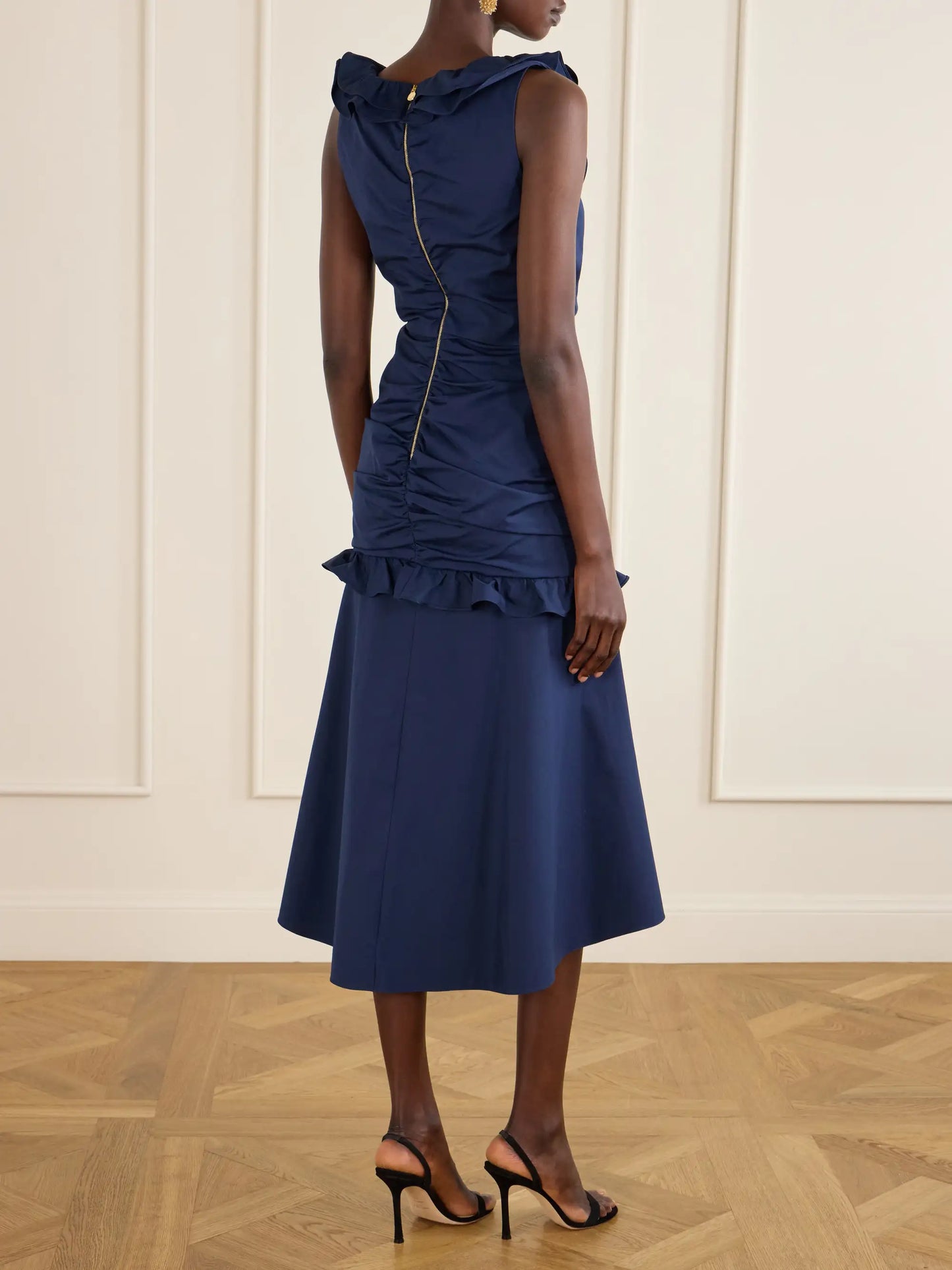 Ruched Ruffled Cotton-blend Midi Dress