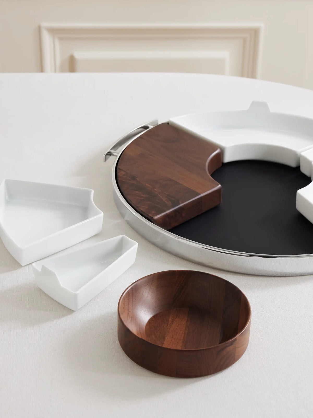 Mood Party Walnut, Porcelain And Stainless Steel Serving Set