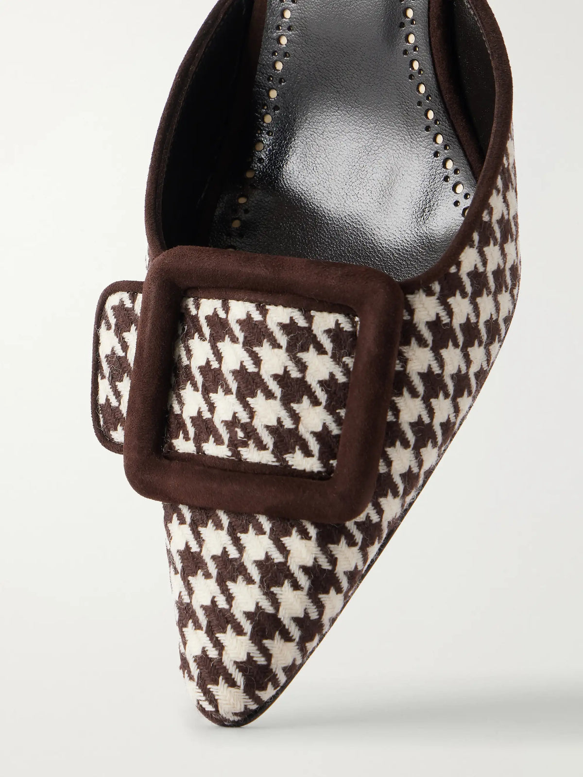 Manolo Blahnik Mayslibi 50 Suede-trimmed Houndstooth Woven Mules