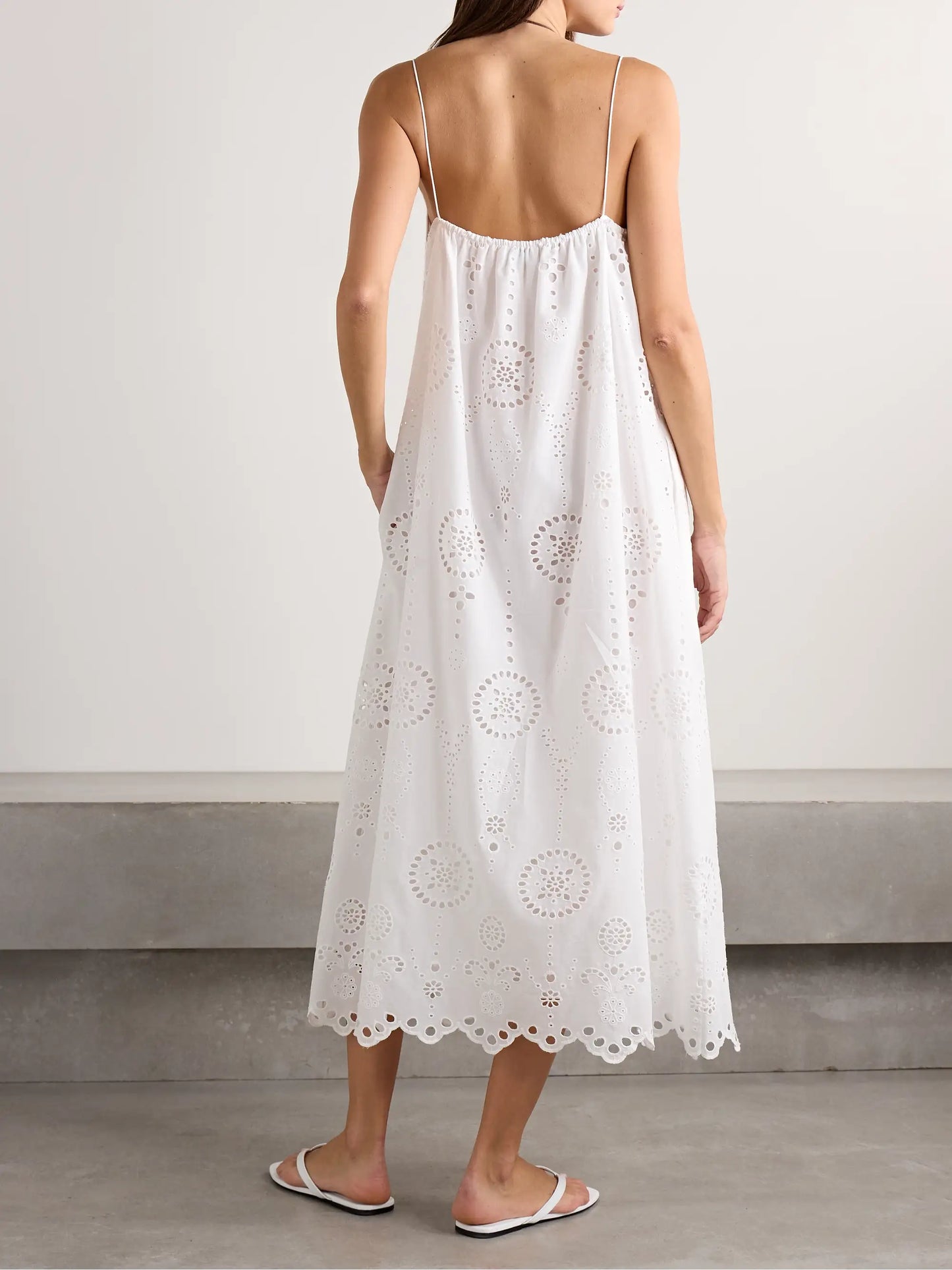 Tie-detailed Scalloped Broderie Anglaise Cotton Midi Dress