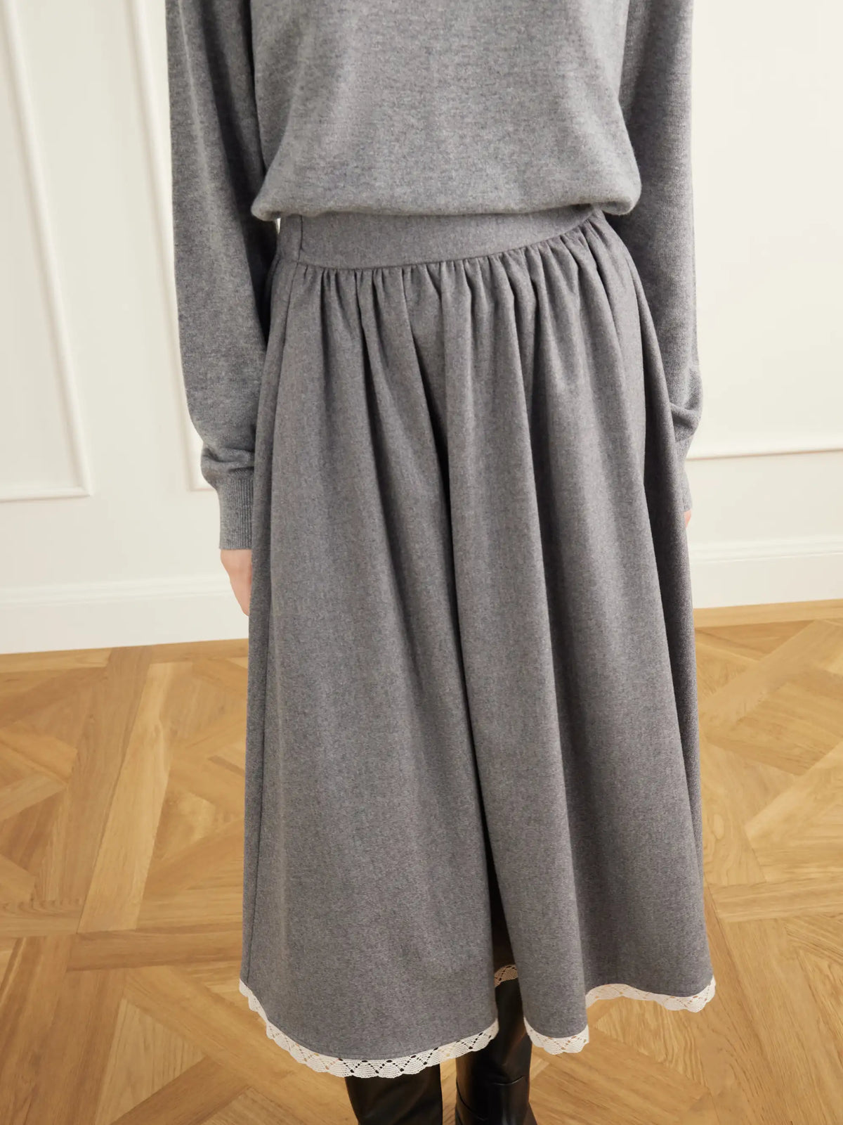 Maria McManus Gathered Lace-trimmed Wool-blend Flannel Midi Skirt