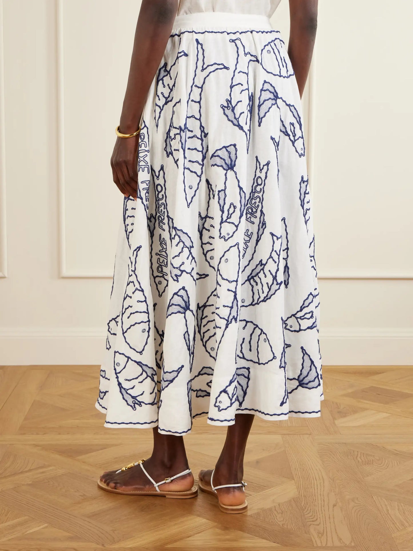 Fresh Fish Embroidered Linen-blend Midi Skirt