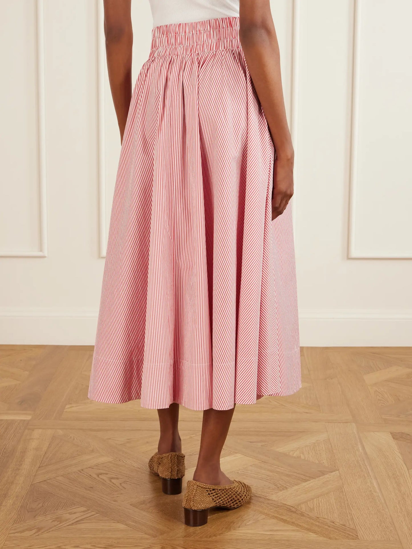 Kyria Shirred Striped Cotton-poplin Midi Skirt
