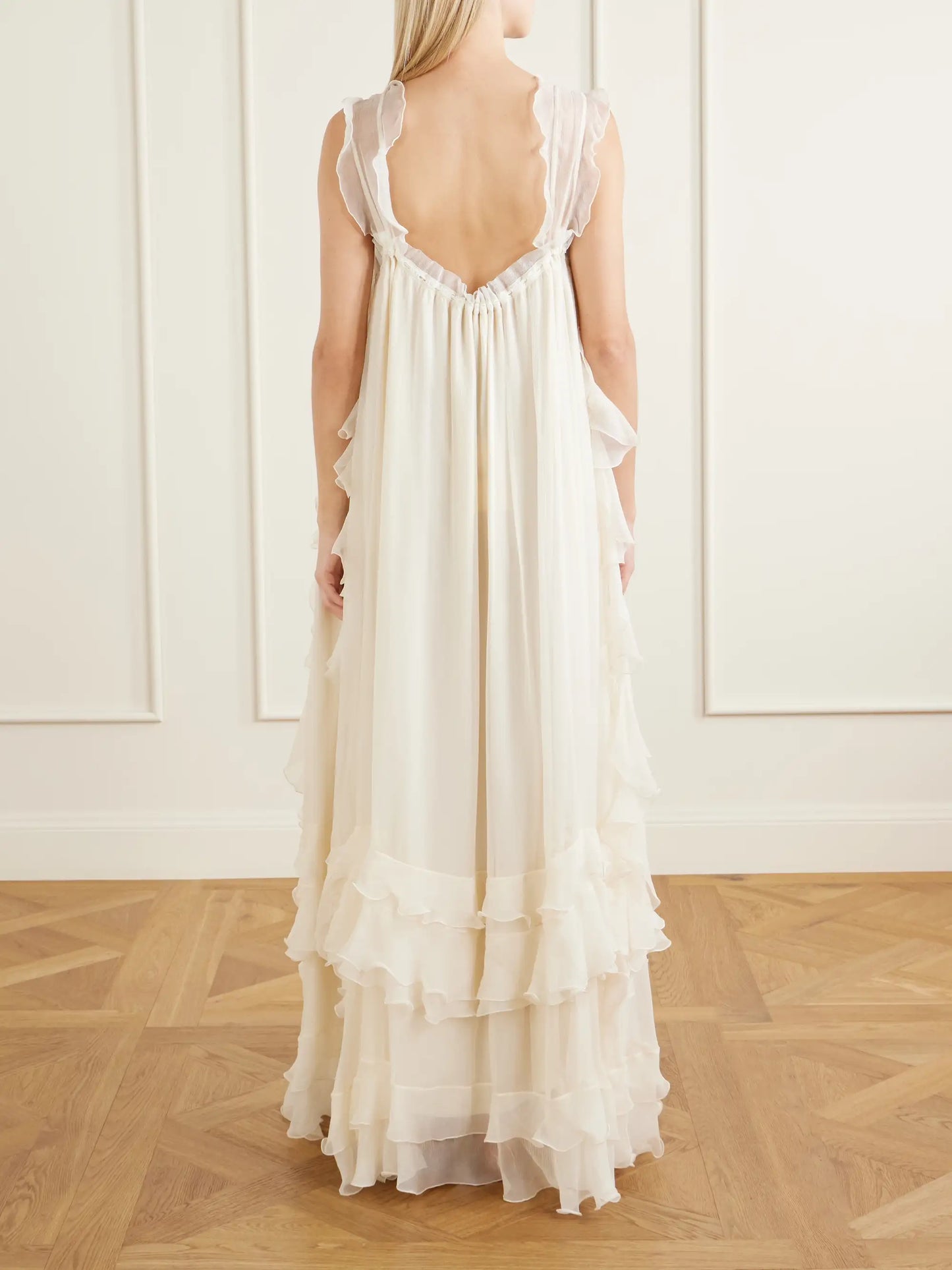 Ruffled Lace-trimmed Silk-crepon Gown