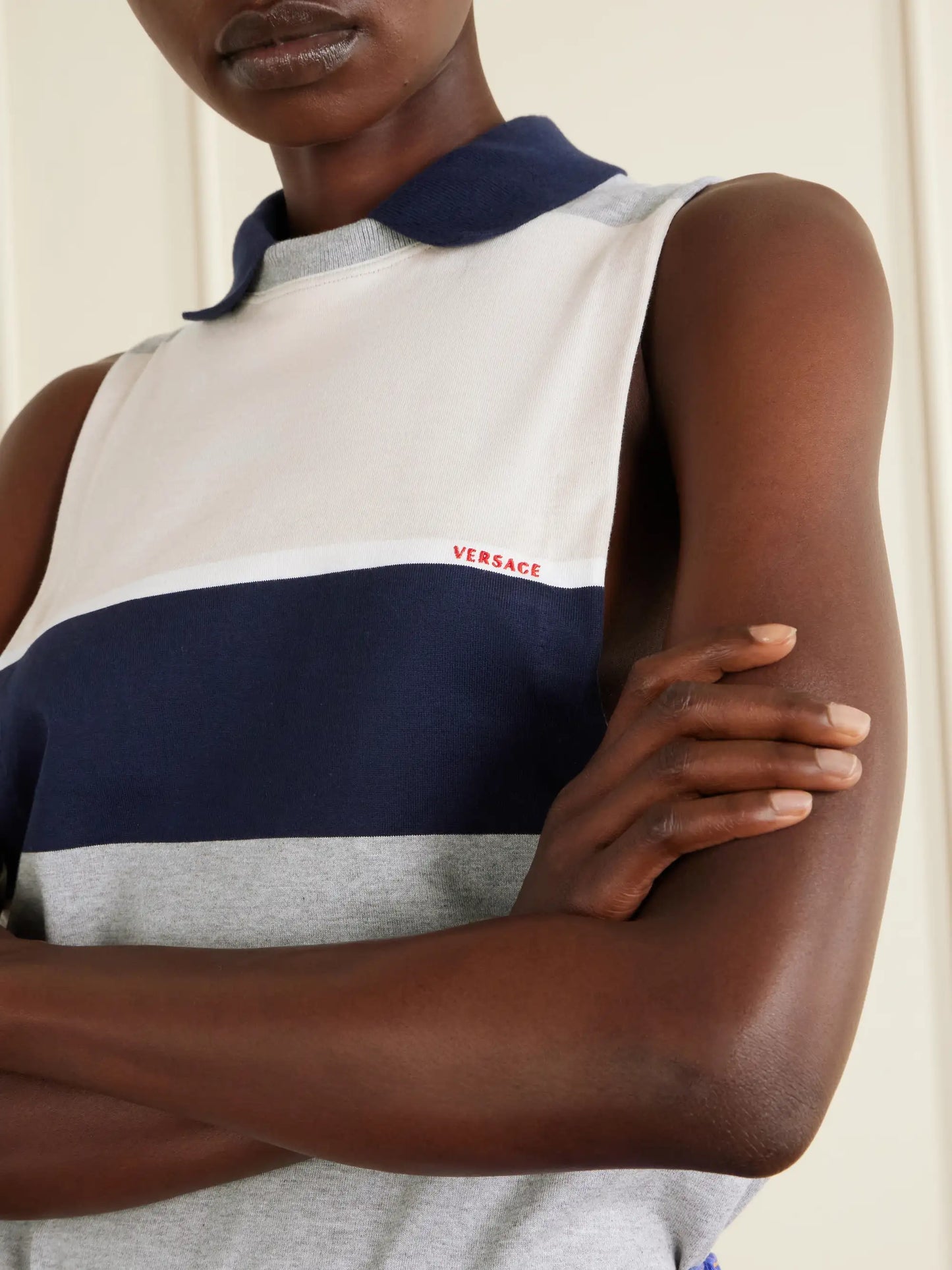 Sleeveless Embroidered Striped Cotton T-shirt