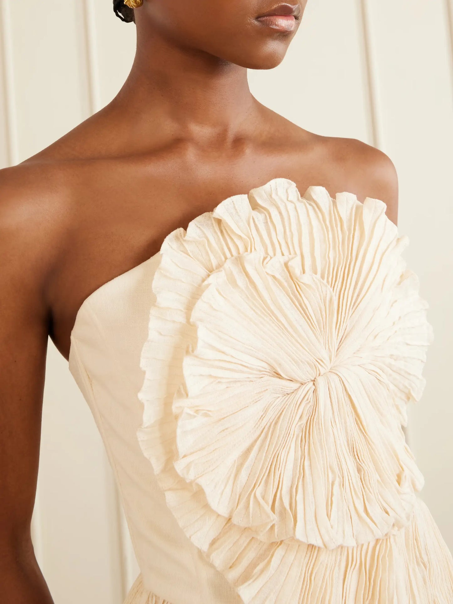 Imara Strapless Appliquéd Pleated Linen Top