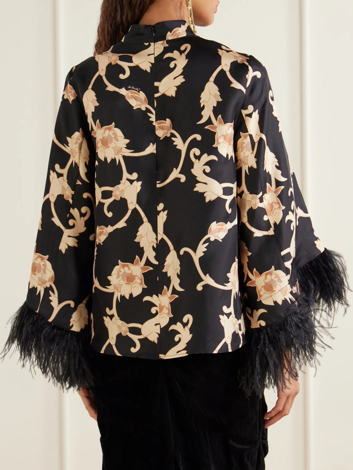 La DoubleJ Make An Exit Feather-trimmed Printed Silk-twill Blouse