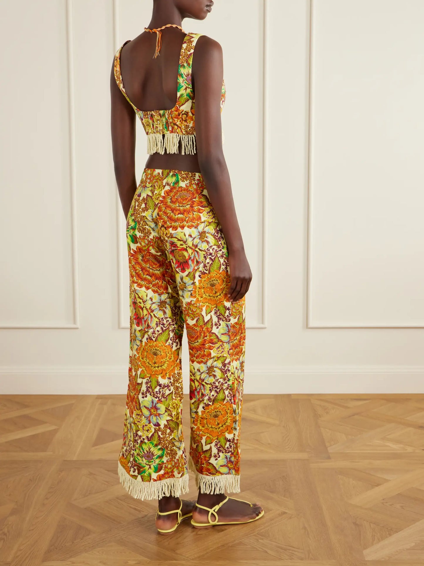 Fringed Cropped Floral-print Linen Top