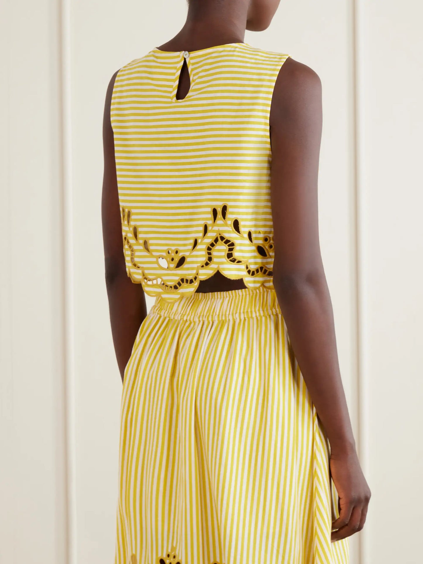 Cropped Striped Broderie Anglaise-trimmed Linen-blend Tank