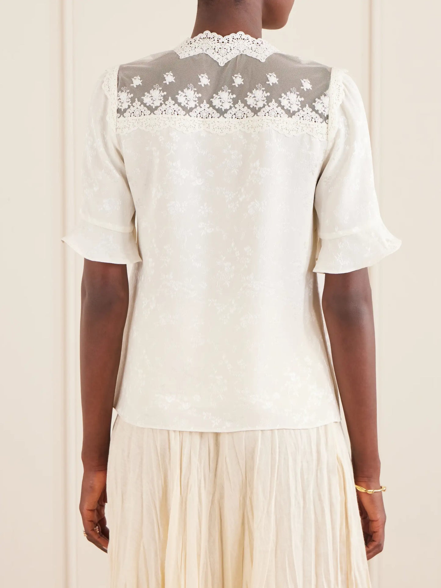 Margarita Mesh And Crochet-trimmed Floral-jacquard Silk-crepe Blouse