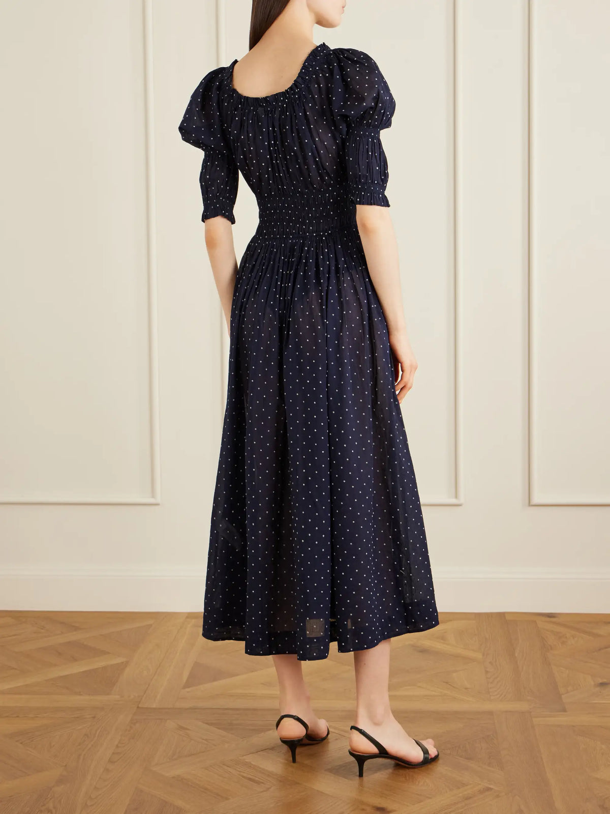 Ischia Shirred Polka-dot Organic Cotton-voile Midi Dress