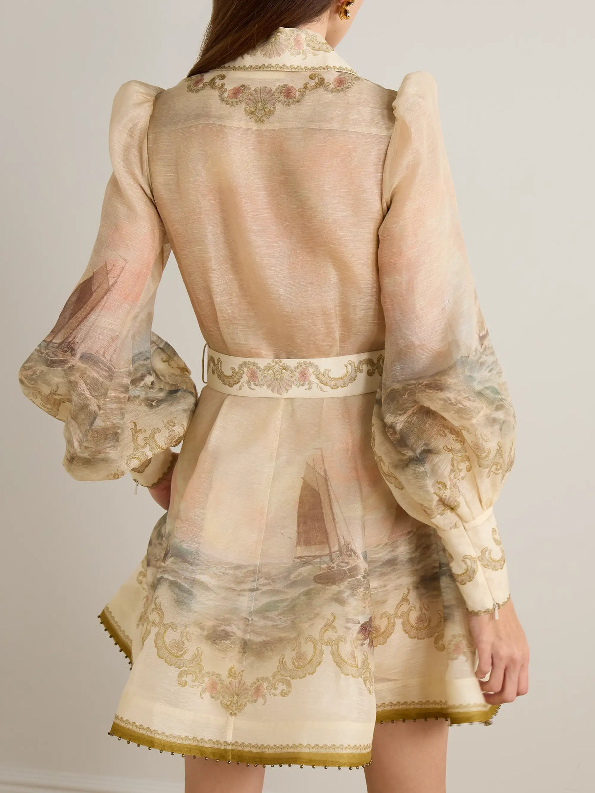 Zimmermann Rebellion Bead-embellished Belted Printed Linen And Silk-blend Mini Dress