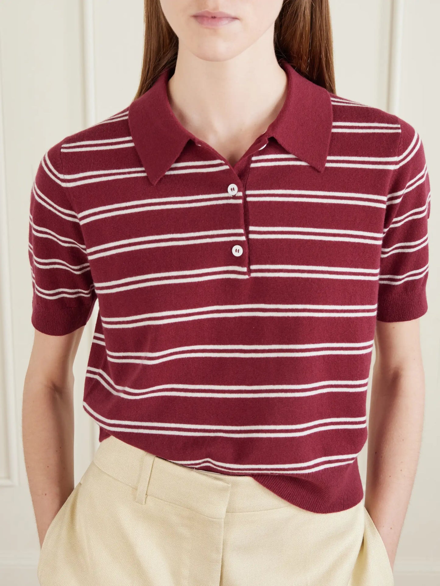 Octavia Cropped Striped Cashmere Polo Shirt