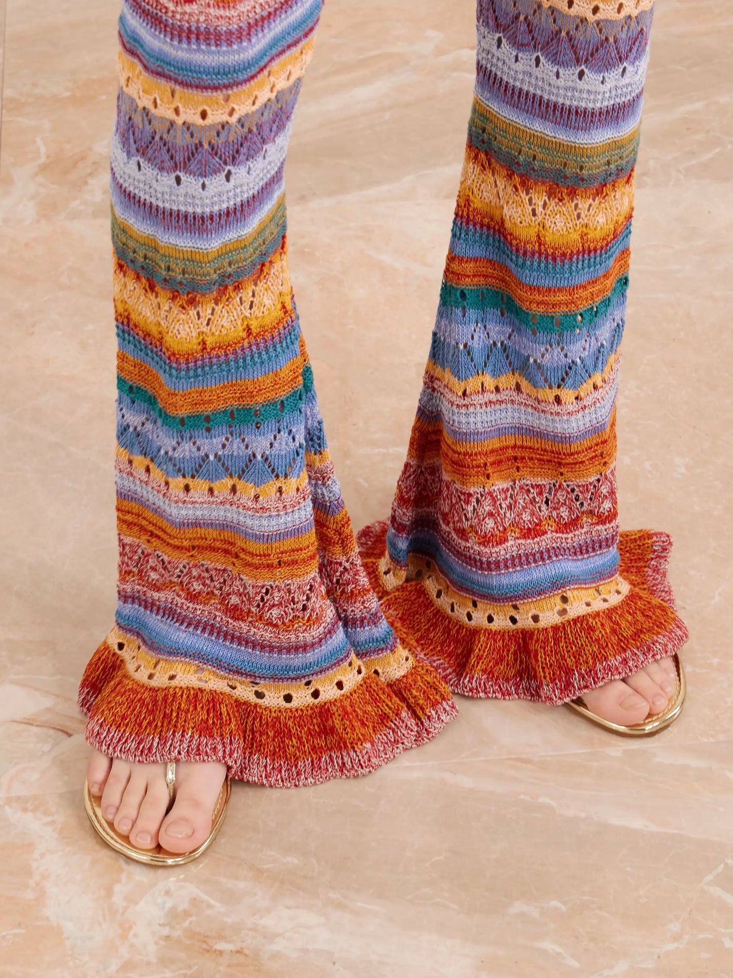 Striped Open-knit Cotton Straight-leg Pants