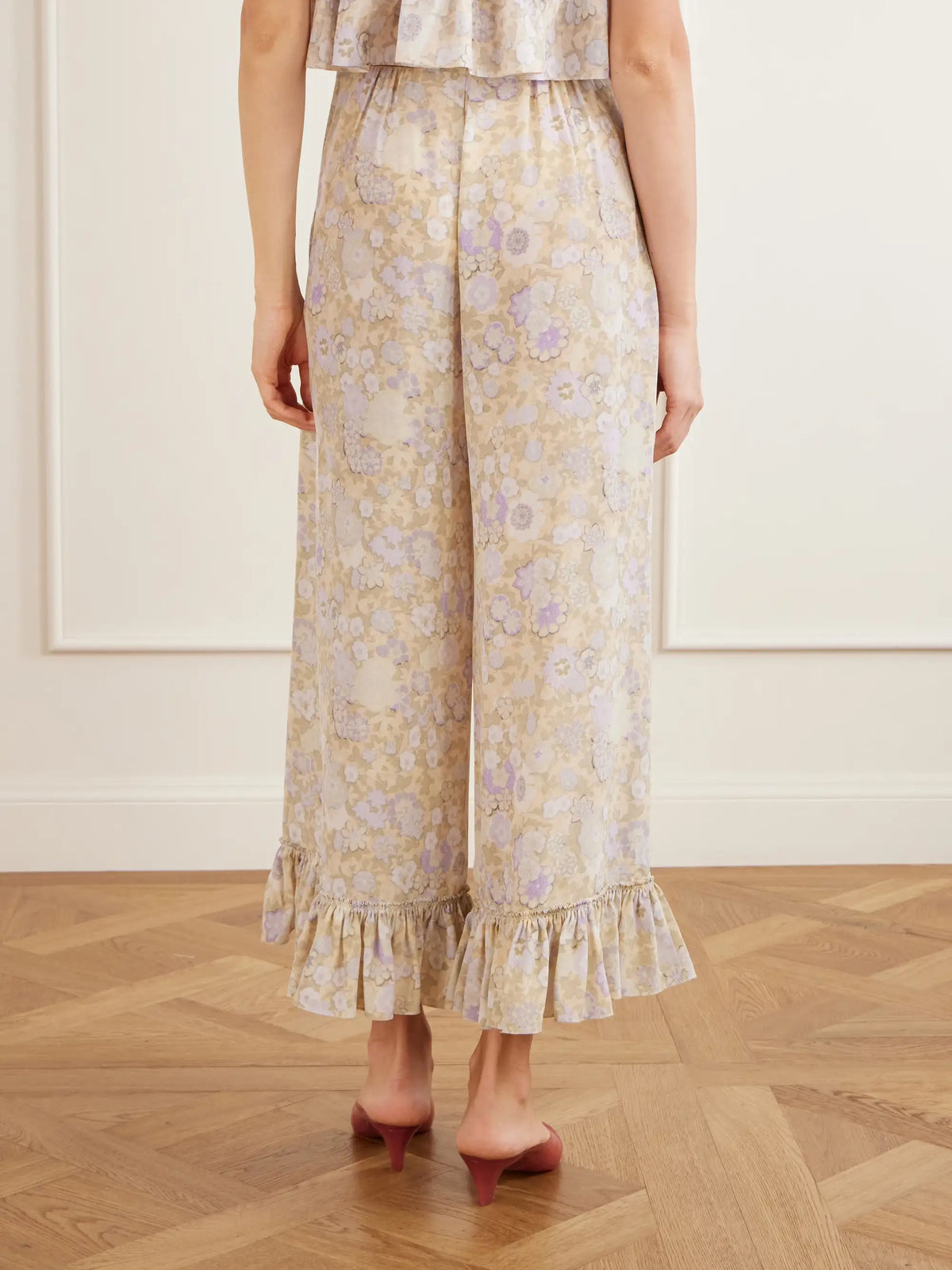 Ruffled Floral-print Silk-charmeuse Wide-leg Pants