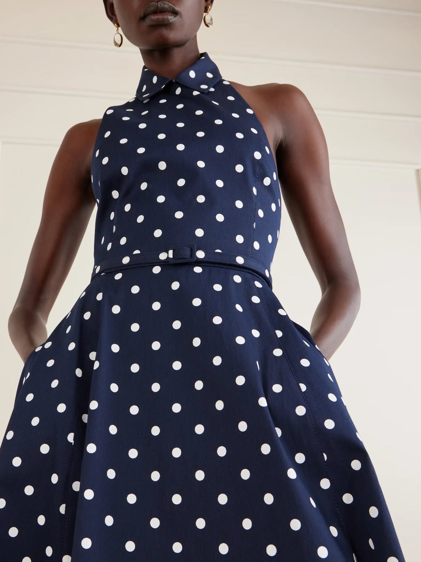 Belted Halter-neck Polka-dot Cotton-blend Twill Midi Dress