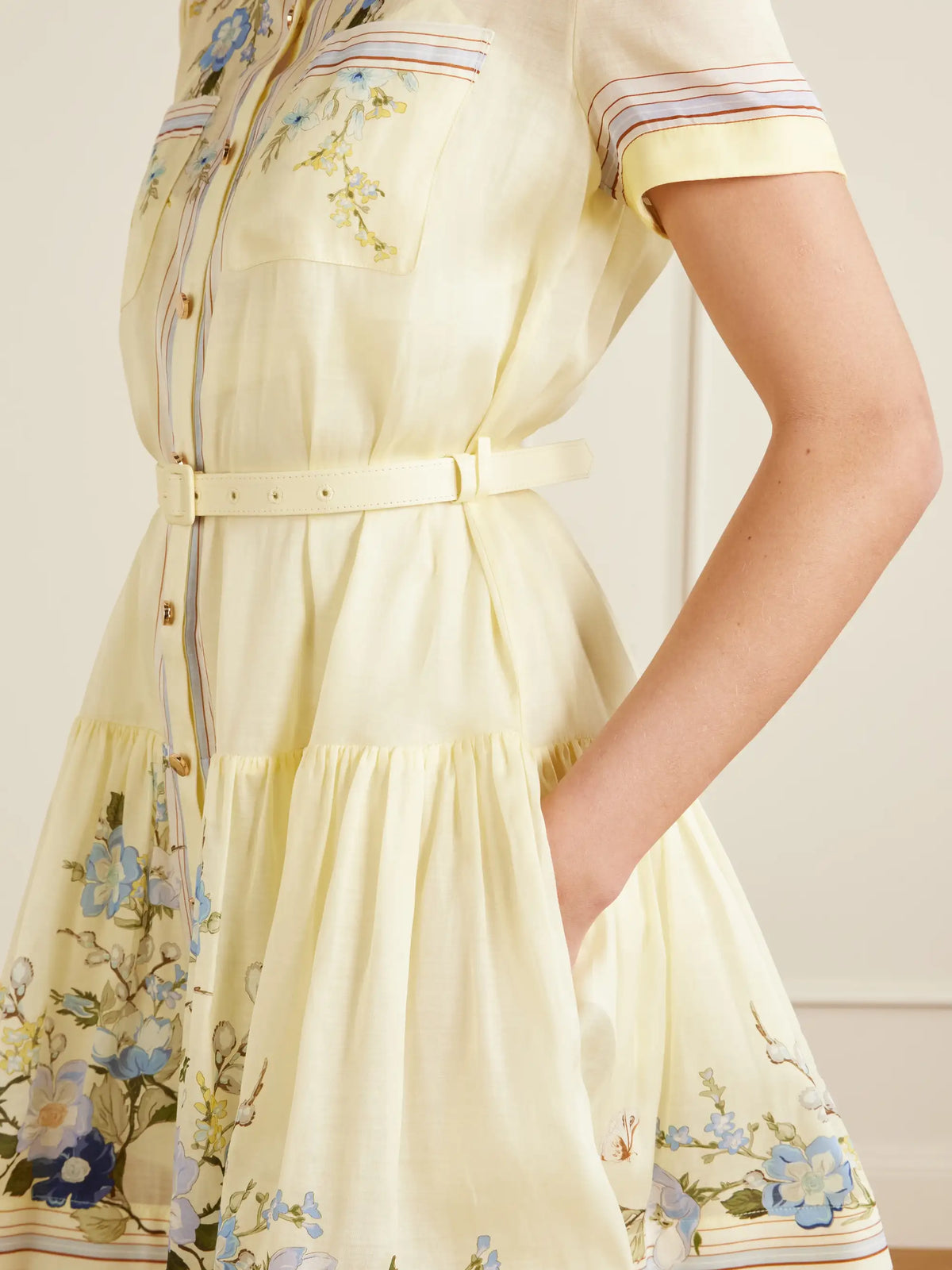 Self-Portrait Belted Floral-print Organza Mini Shirt Dress